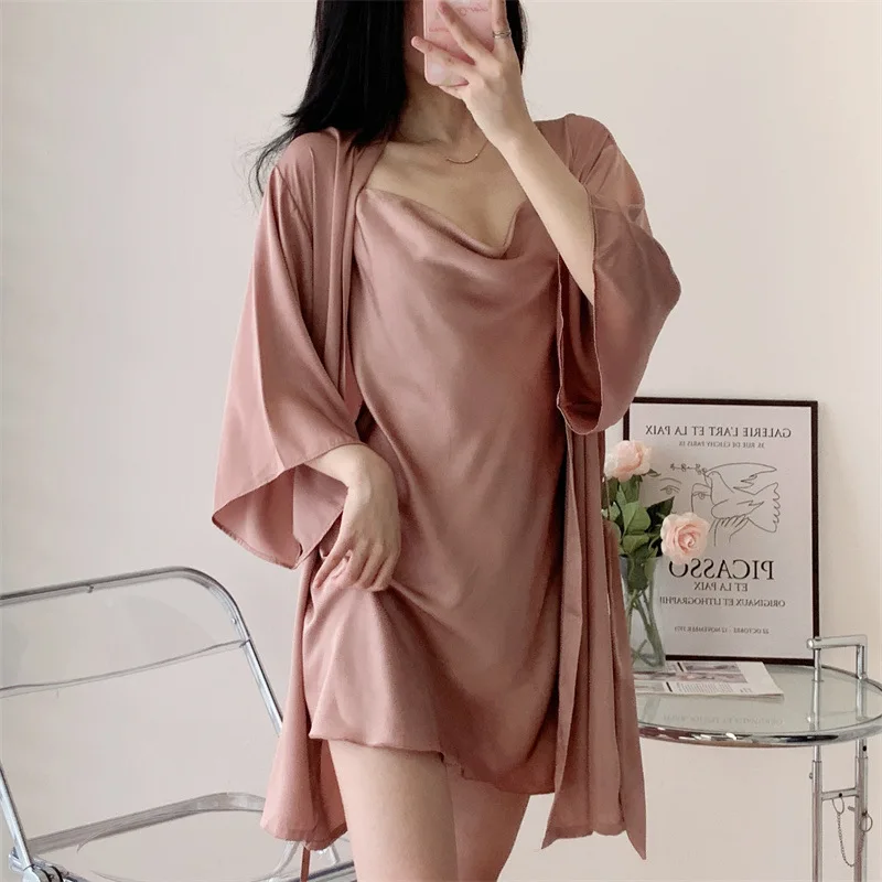 2PCS Women Nighty&Robe Set Summer Bathrobe Nightdress Sleep Suit Lace Kimono Gown Lingerie Satin Sleepwear Nightgown Homewear