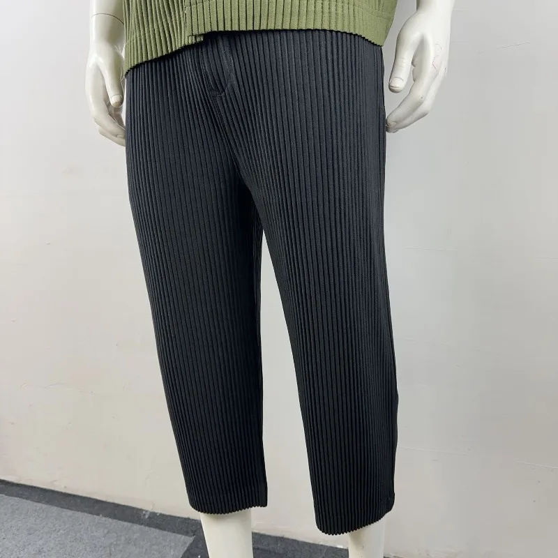 

Miyake плиссированные семь минутные широкие брюки мужские свободные летние модные тонкие прямые брюки японские простые повседневные большие размеры