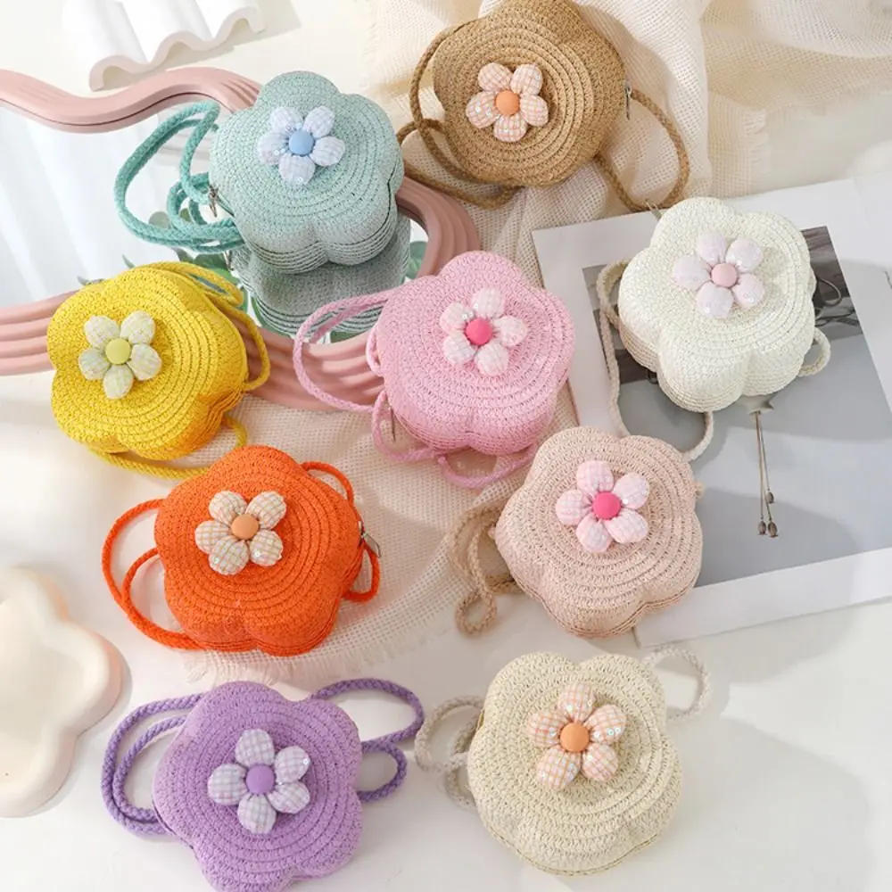 Children's Straw Small Shoulder Bag Woven Cute Flower Baby Girls Purse Handbag Mini Round Hand Made Beach Crossboay Bag