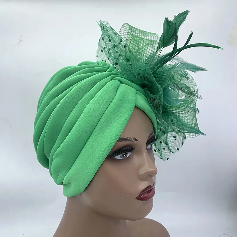 1920s Feather Flower Women\'s Turban Cap Retro Ladies Party Headpiece African Nigeria Head Wrap Elegant Headscarf Bonnet Turbante