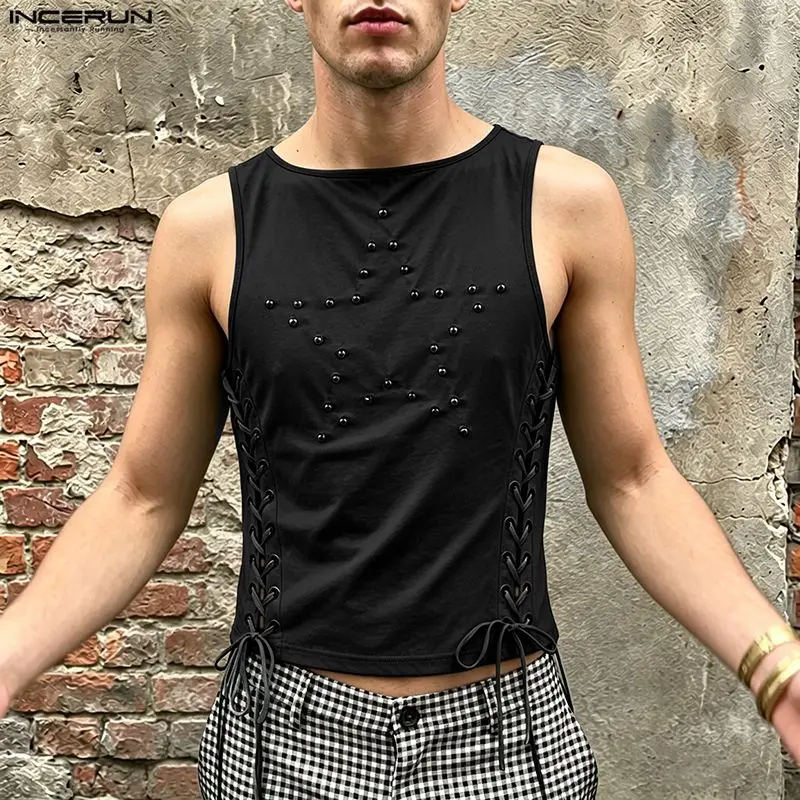 INCERUN Men Tank Tops Lace Up Hollow Out Sleeveless Male Vests Crop Tops Summer Streetwear 2026 Sexy Fashion Casual Men Clothes