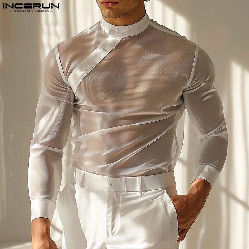 

INCERUN Men Summer Shirts Long Sleeve Button Down Mesh Tops Transparent Shirts Oversize Men Clothing Oversize Chemise Tops