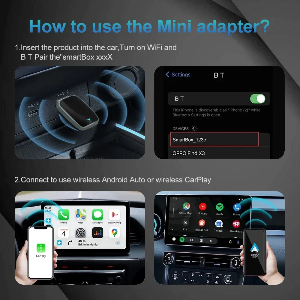 2026 new 2 in 1 Wireless Carplay AI Box Android Auto Plug And Play Applicable to Convert the Original car with Carplay cable to