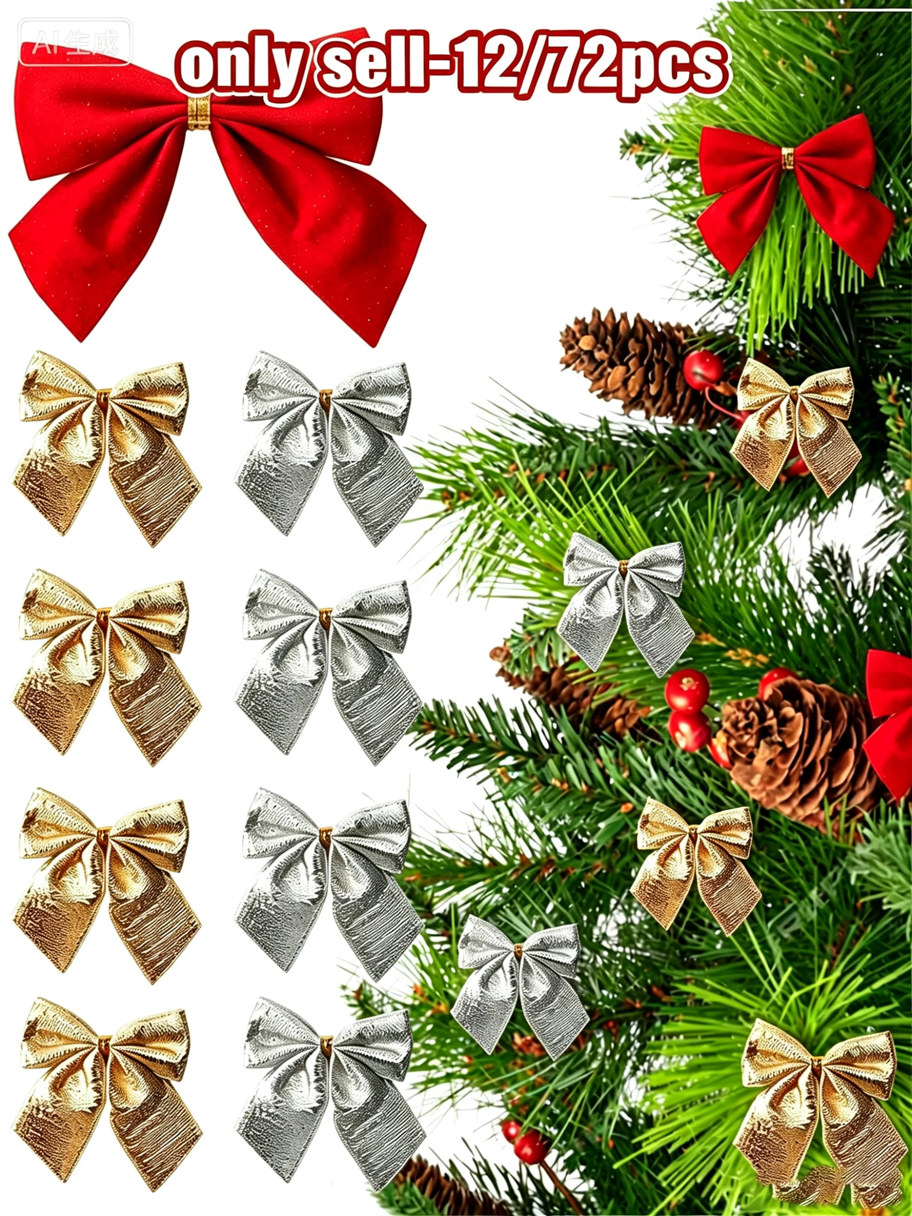 12/72pcs Mini Christmas Tree Bowties 3 Colors Available for Christmas Trees And Flower Rings Gold Twine Included Decorative Knot