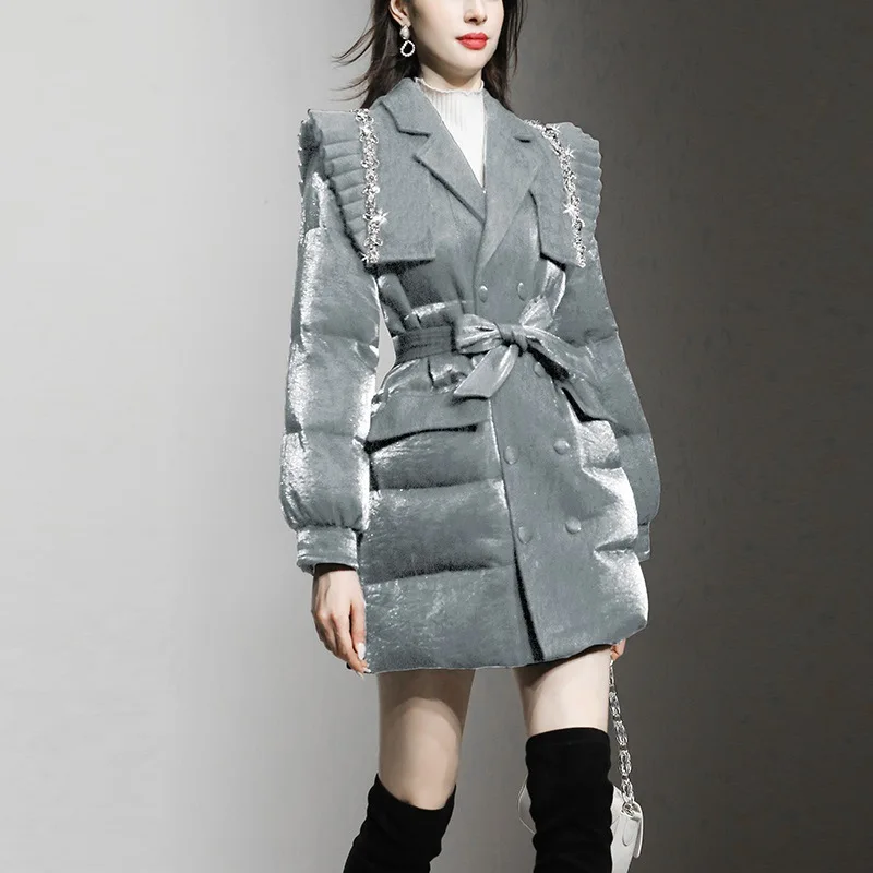 Winter women new gray Double-breasted diamond medium-length white duck down jacket fashion thickened jacket