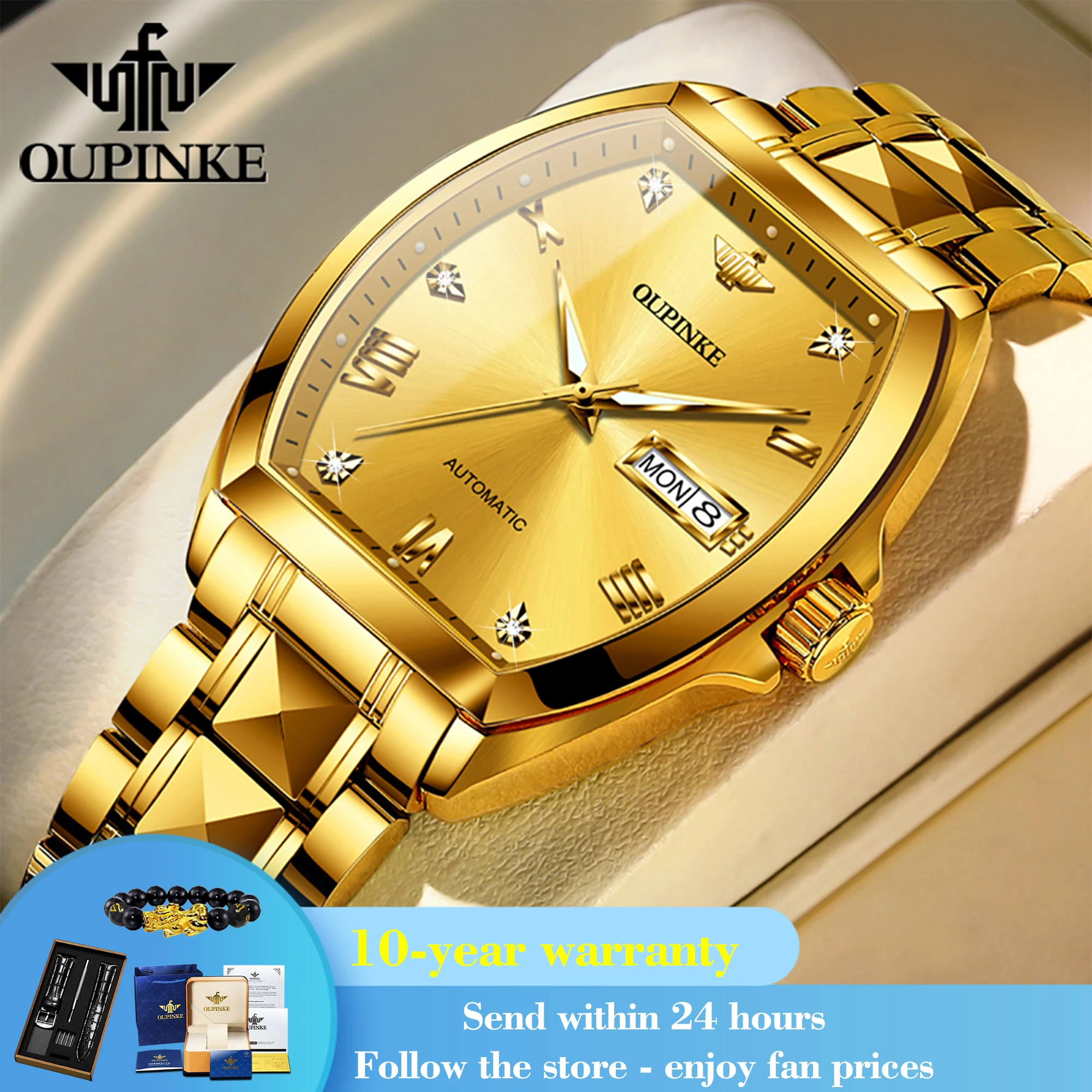 OUPINKE 3200 Tonneau Mechanical Watch For Men Dual Calendar Luxury Original Wristwatch Top Brand Waterproof Man Dress Watches