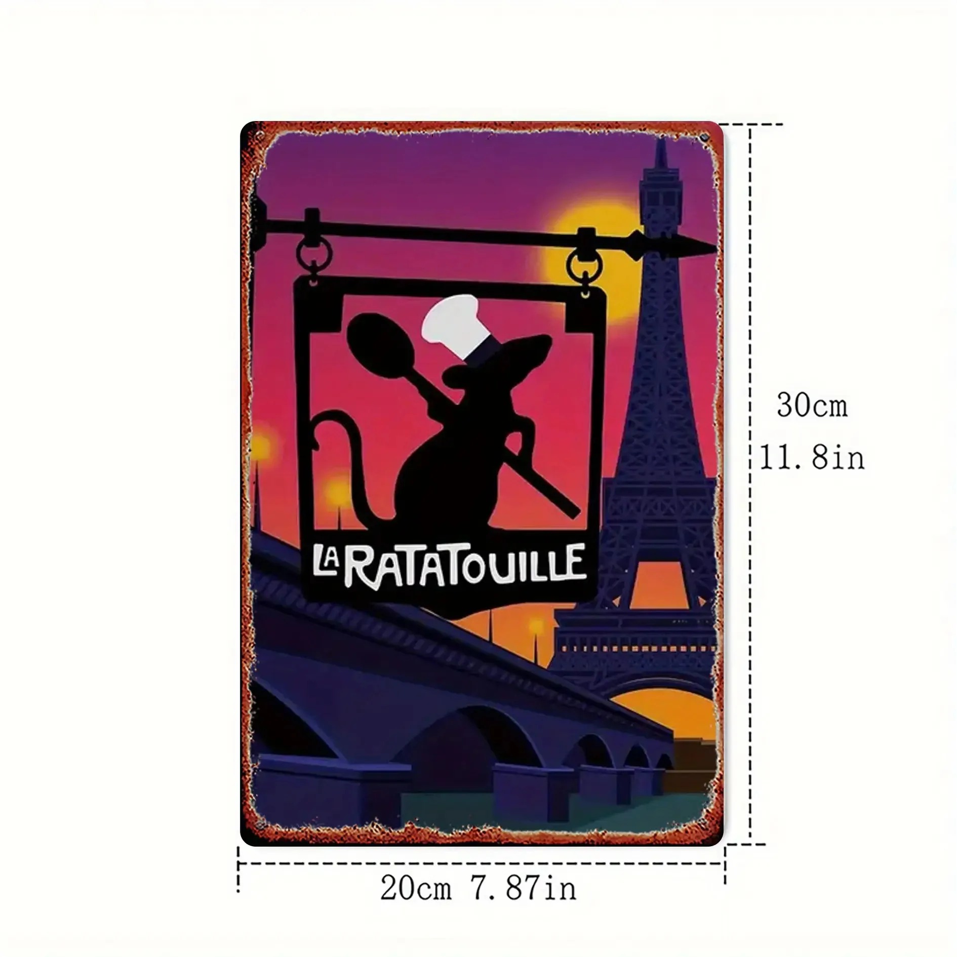 قطعة واحدة من لوحات الحائط الحديدية من ديزني "راتاتالويل" باريس - لافتة معدنية ثلاثية الأبعاد لبرج الشيف ريمي وإيفل، 20.32 × 30.48 سم ديكور منزلي ريفي مع مسبقًا