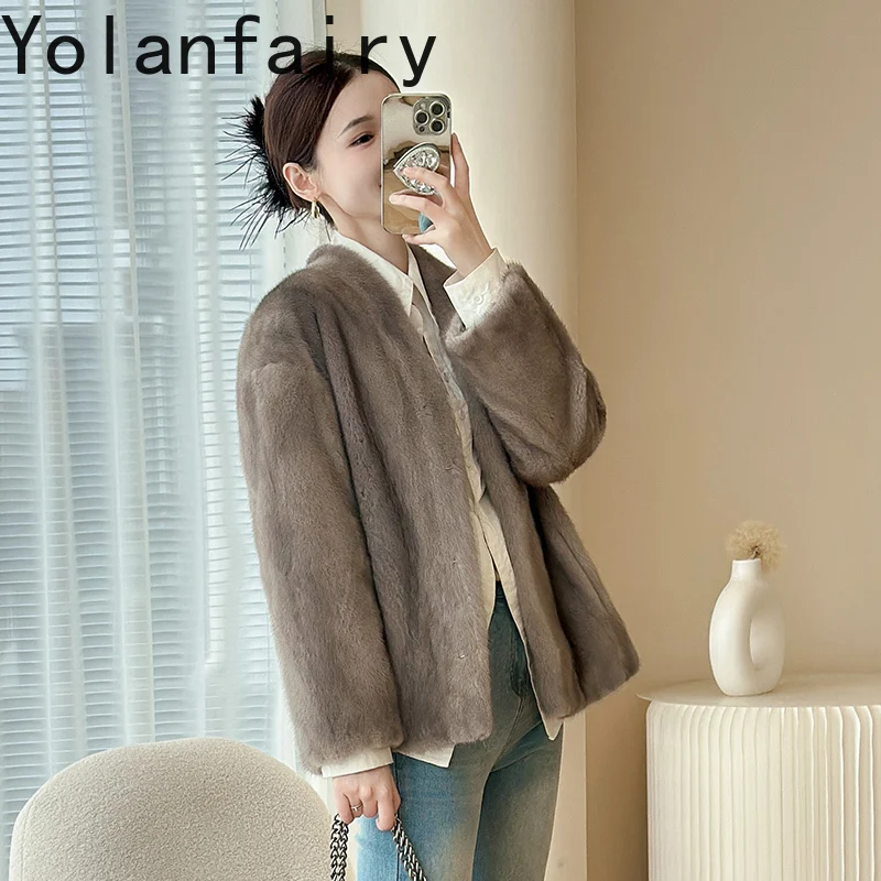 YOLANFAIRY Naturalny Płaszcz z Futra Damski Luksusowy 2025 Zimowy Prawdziwy Futro z Norek Całe Kobiety Odzież Modna Krótka Kurtka z Futra Odzież Wierzchnia