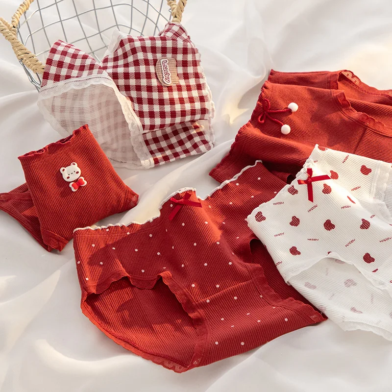 Ankela Baby Cotton A Class Red Checked Bear Mid Waist Comfortable Skin Friendly Triangular Panties For Girls On Birthday 3pcs