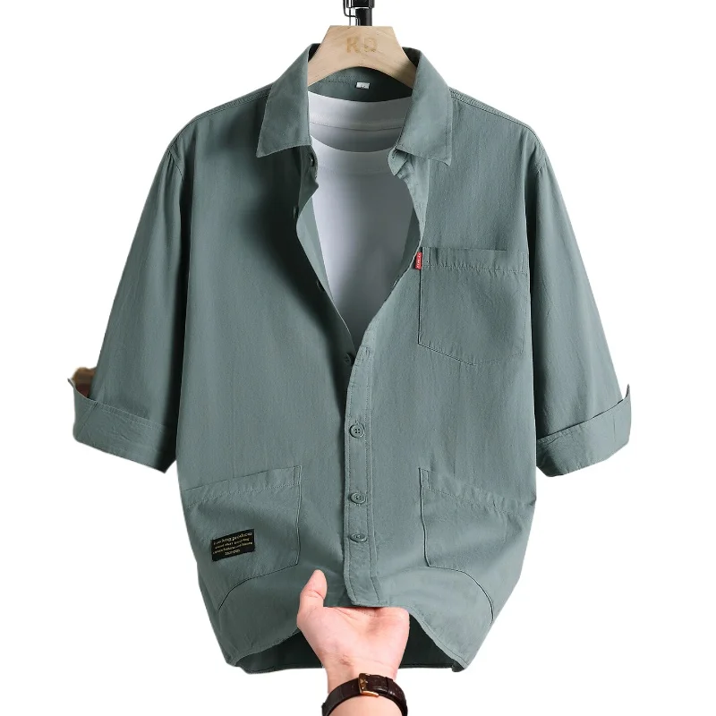 Summer Trend: Men's Solid Color 3/4 Sleeve Work Shirt Cotton Breathable Multi-Pocket Short Sleeve Shirt Comfortable Men's Top