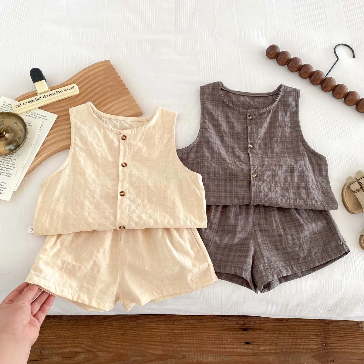 2026 New 2Pcs Kids Clothing Set Linen Vest And Shorts Boys Suit Girls Palid Track Suit Summer Girls Clothes 1-5 Years