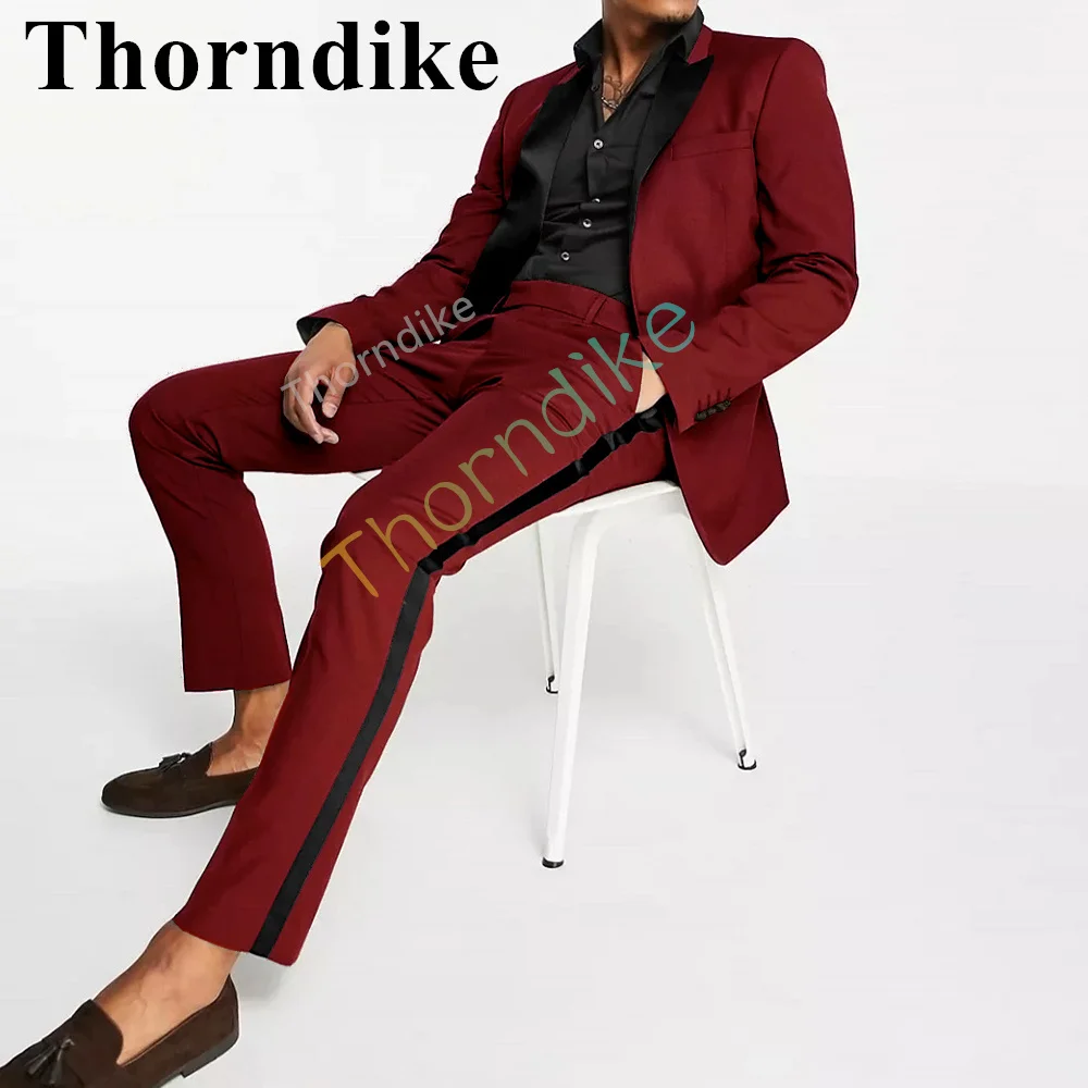 Thorndike Custom MadeTailored Men's Suit Dark Red Groom Tuxedo Black Peak Lapels Groom Two Picese Set Wedding Jacket