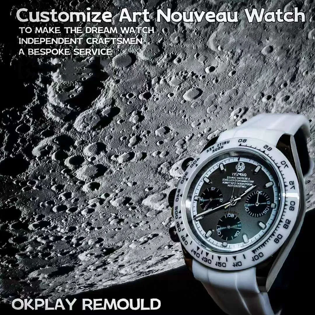 OKPLAY Men Chronograph Watch 39.5mm Modified Customized Quartz Wristwatch Sapphire 100M Waterproof Ceramic Bezel