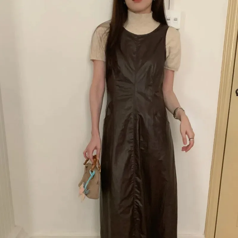 Robe longue débardeur en cuir pour femmes, Style français, Vintage, sans manches, coupe cintrée, ligne a, mi-longue, printemps