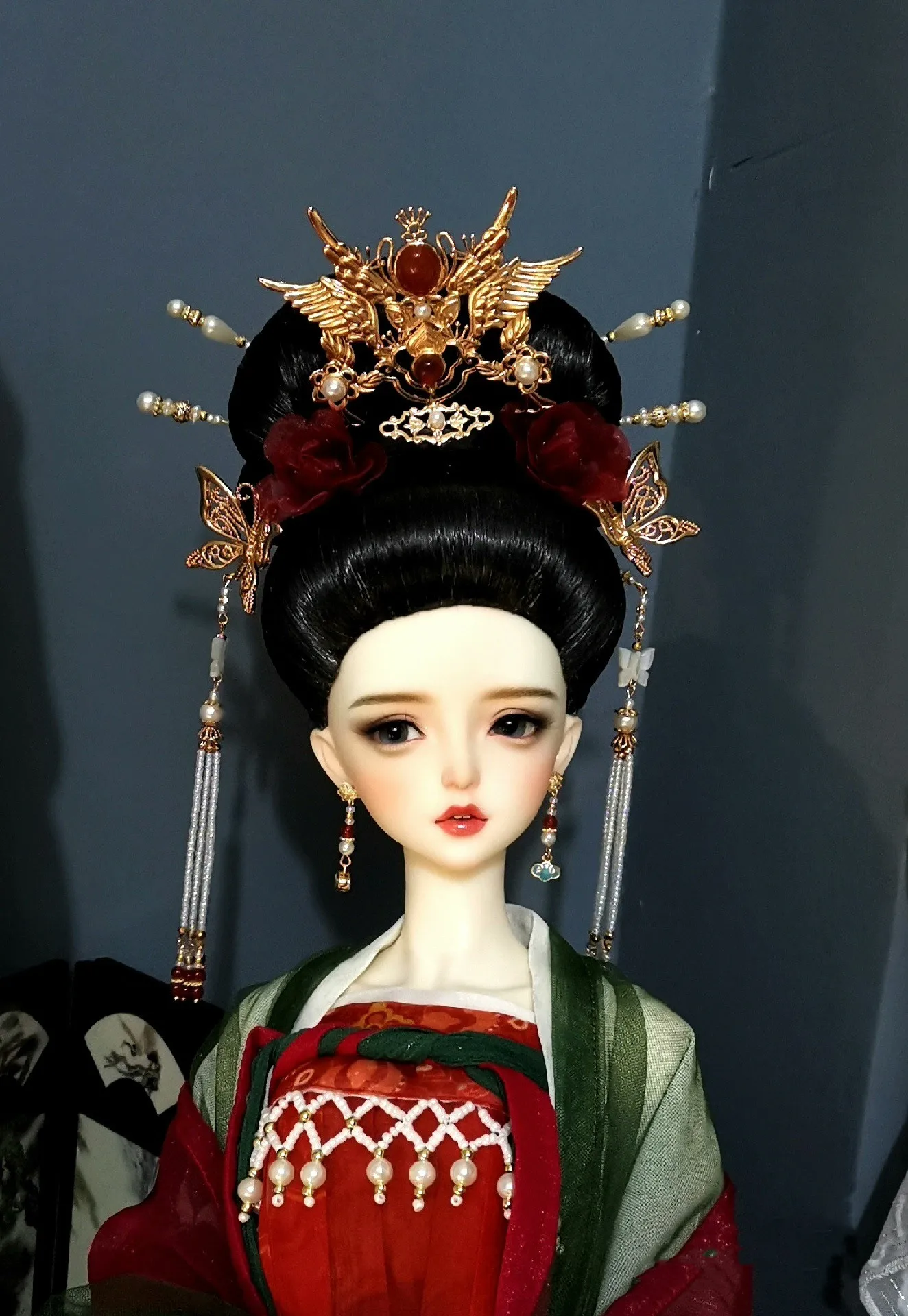 Beautifully Ruby White Pearl Headdress “Flying Immortal” 1/3 BJD Tiara Hairpin, Doll Headwear Earring Accessories