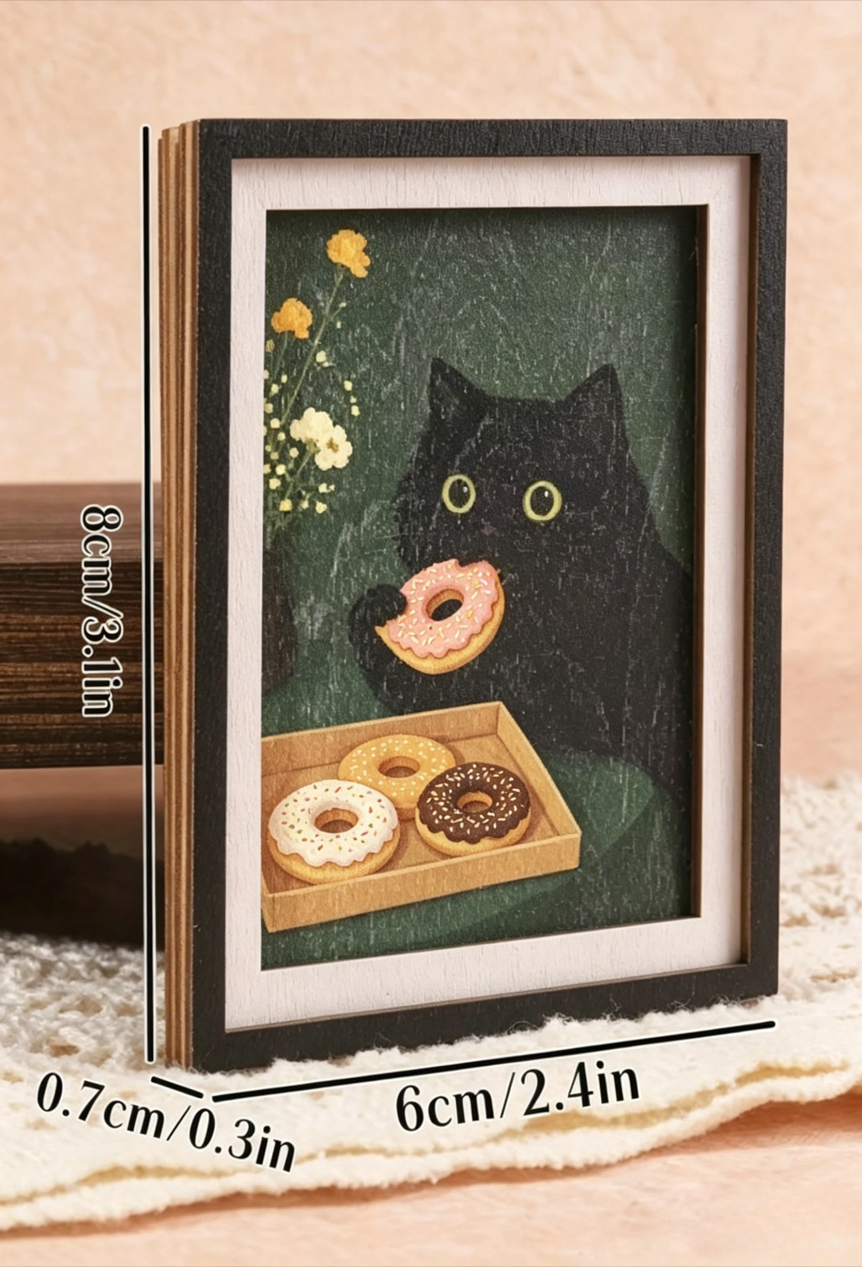 Niedlicher schwarzer Katzen-Donut-Mini-Kühlschrankmagnet, Vintage-Holzrahmen-Kunstdekoration für Küchenkühlschrank, Heim- und Büro-Ornament-Geschenk – Detail 4