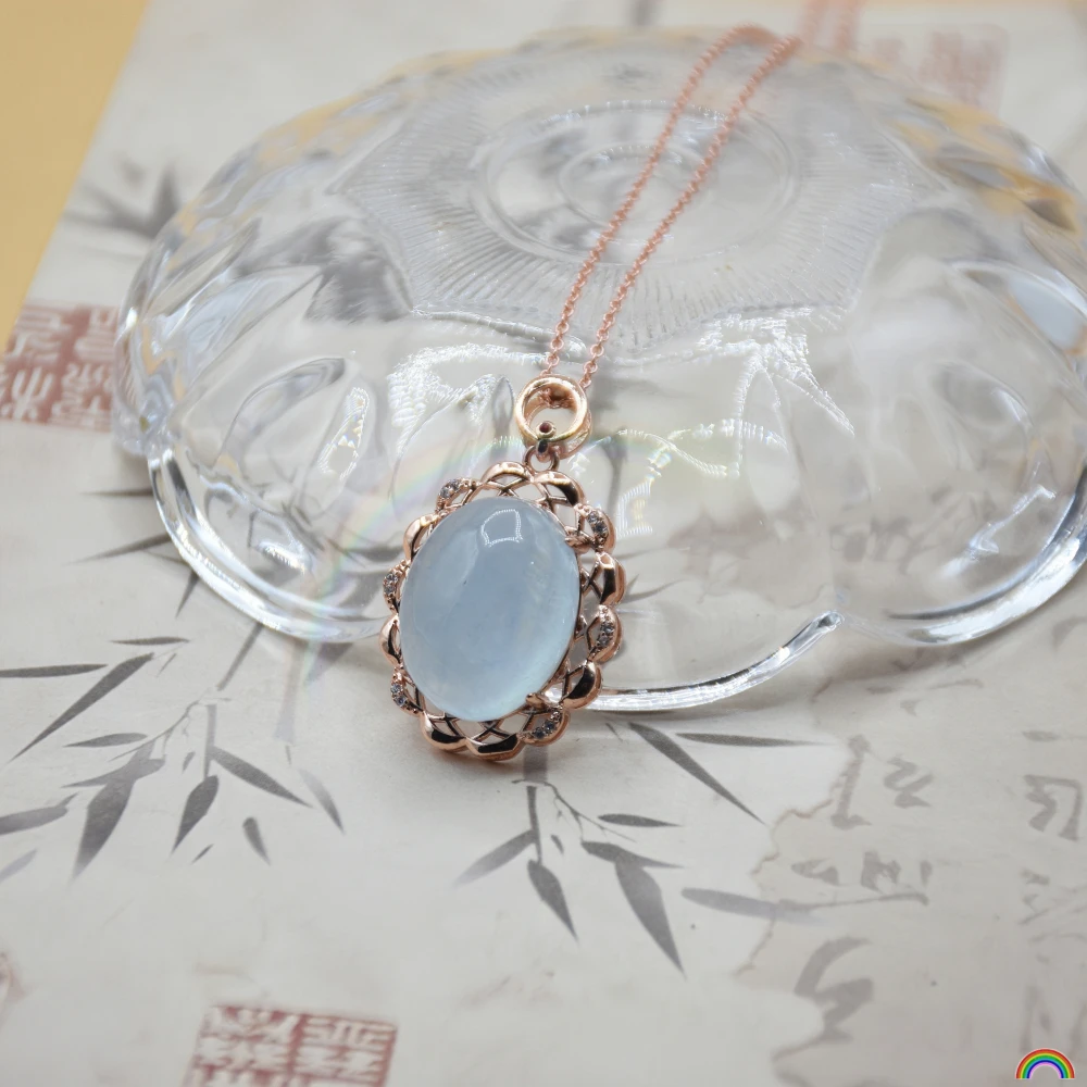 

Natural Sea Blue Treasure Pendant with hollowed out flowers, versatile egg face collarbone chain, Rwbuy brand jewelry design