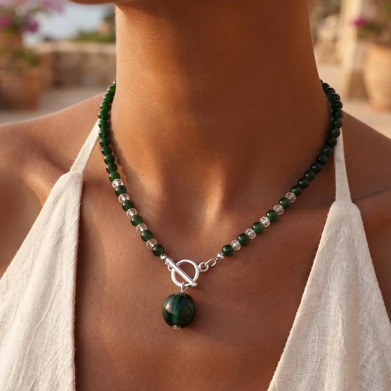 Vintage Green Beaded Necklace for Women Silver Color OT Clasp Ball Pendant Acrylic Bead Choker Summer Aesthetic Jewelry
