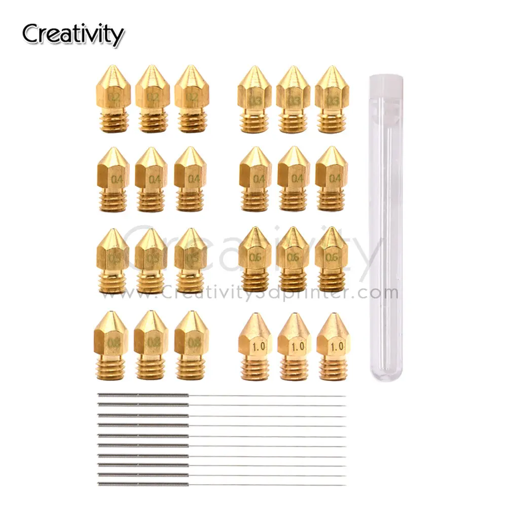 24PCS MK8 E3D V6 Brass Nozzle Cleaning Needle Kit 0.2 0.3 0.4 0.5 0.6 0.8 1.0mm For 1.75 Filament V5 V6 Hotend Extruder