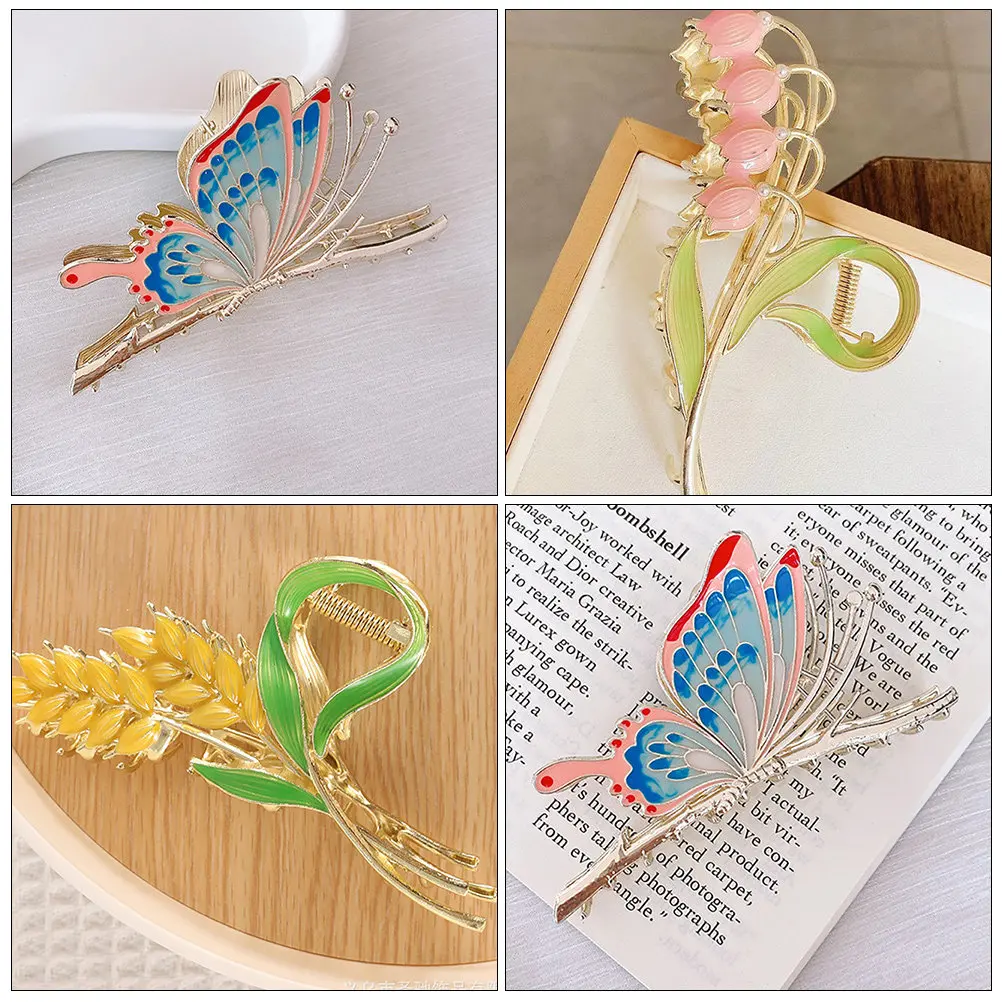 

Набор из 3 изящных заколок-крабов для волос с цветами и бабочками для женщин, большие металлические зажимы с сильной фиксацией, не повреждающие волосы, аксессуары для волос