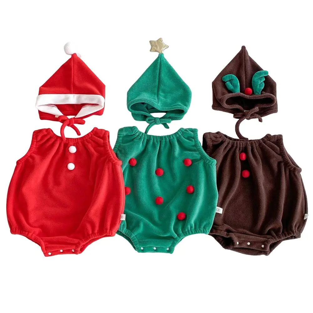Fashion Cartoon Rompers Set Cotton Christmas Costume Hooded Vest Sleeveless with Hat Jumpsuit Baby Boys Girls