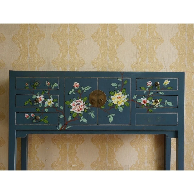 Modern new Chinese style antique solid wood elm painted small strips, case desk hand-painted storage, entrance hall strips