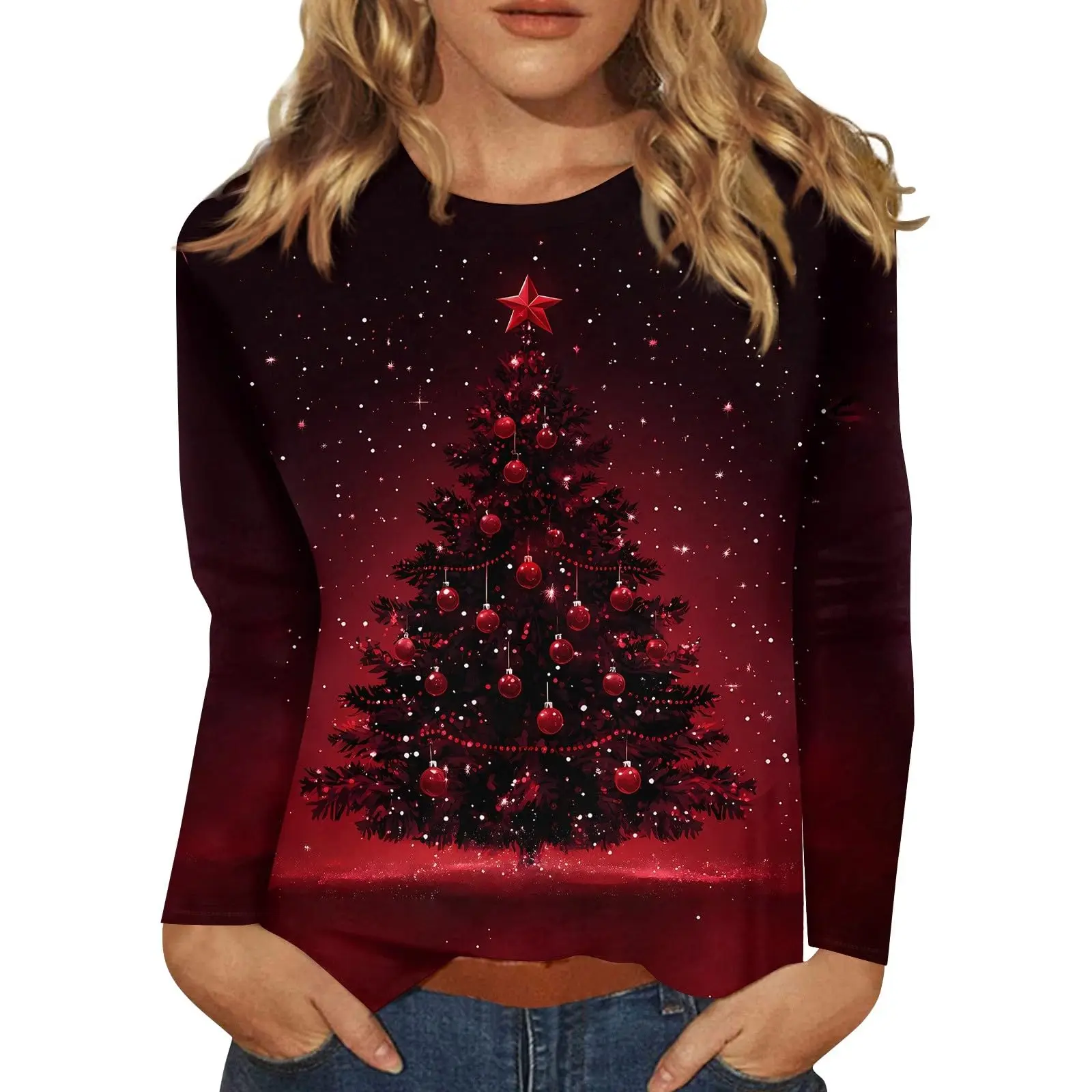 Women\'s Sweatshirt Designer Christmas Tree Round Neck Long Sleeve Loose Fashion Casual Christmas Fun Pattern Print Top