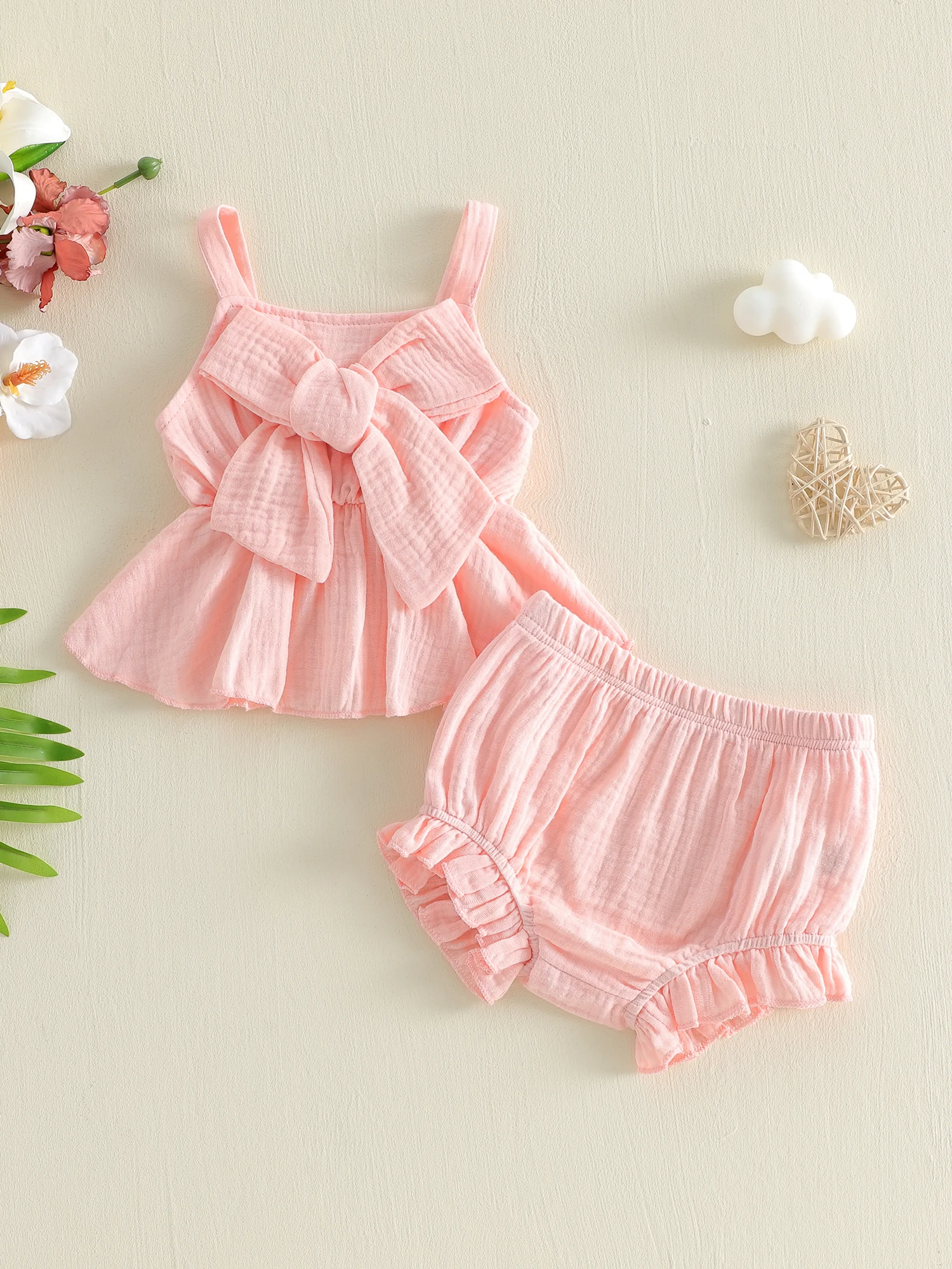 

Toddler Girls Floral Print Sleeveless Top and Ruffled Shorts Set with Bow Detail - Pink Summer Outfit for Baby Girl