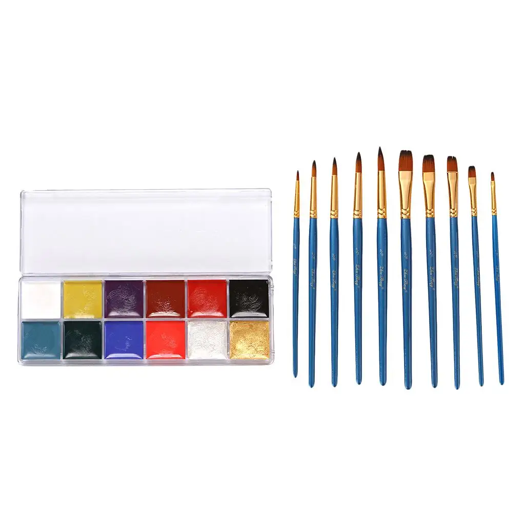 

12 Non- Oil Based Cosmetics with 10pcs Painting Brush for Christmas Party Fancy Dress Makeup