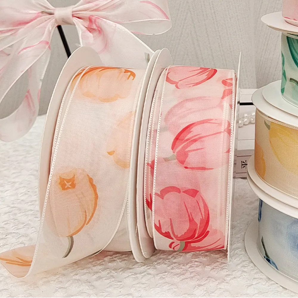 10Yards 4CM Tulip Flower Printed Gauze Organza Ribbon Bouquet Packaging Gift Box Wrap Bow DIY Clothing Straw Hats Decoration