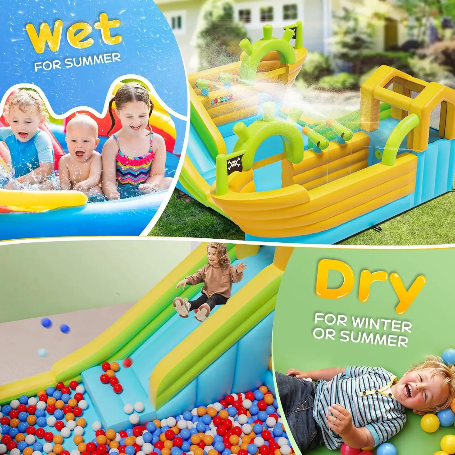 풍선 워터 슬라이드 파크, 해적선 대형 워터 슬라이드 바운스 하우스 2개(물대포 4개 포함), 챌린지 클라이밍 월, 10-in-1 Wa