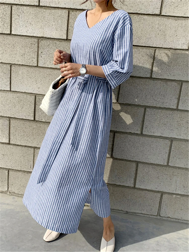 Colorfaith DR1125 New 2023 Lace Up Striped Half Sleeve Korean Fashion Elegant Lady Oversized Women\'s Spring Summer Long Dresses