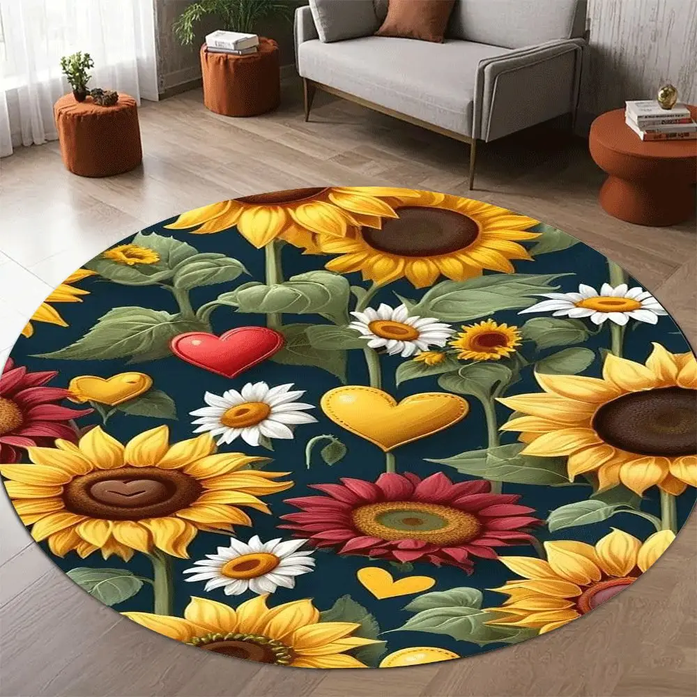 Modern Botanical Round Area Rug, Green Leaf Nature Pattern Circular Floor Mat for Living Room and Reading Corner Decor