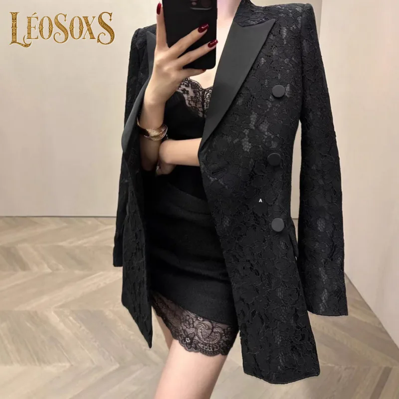 

LEOSOXS Womens Long Sleeve V - Neck Top Lace Detail And Double Breasted Blazer Set For Stylish Daily And Formal Occasion Look