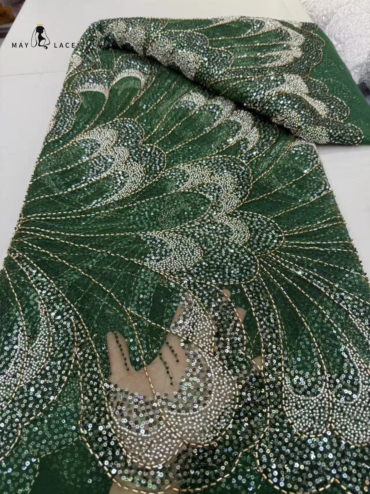 

African Beads Lace Fabrics Sequin Lace Fabric 5 Yards High Quality 2026 Green Mesh Lace Fabric Nigerian Wedding Dress For Woman