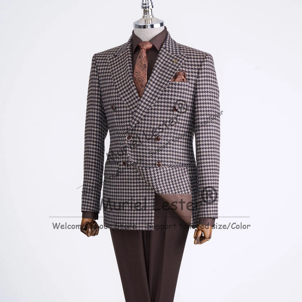 

Retro Houndstooth Men's Suit Double Breasted Blazer Pants 2 Pieces Sets Customized Groom Party Wedding Tuxedo trajes para hombre
