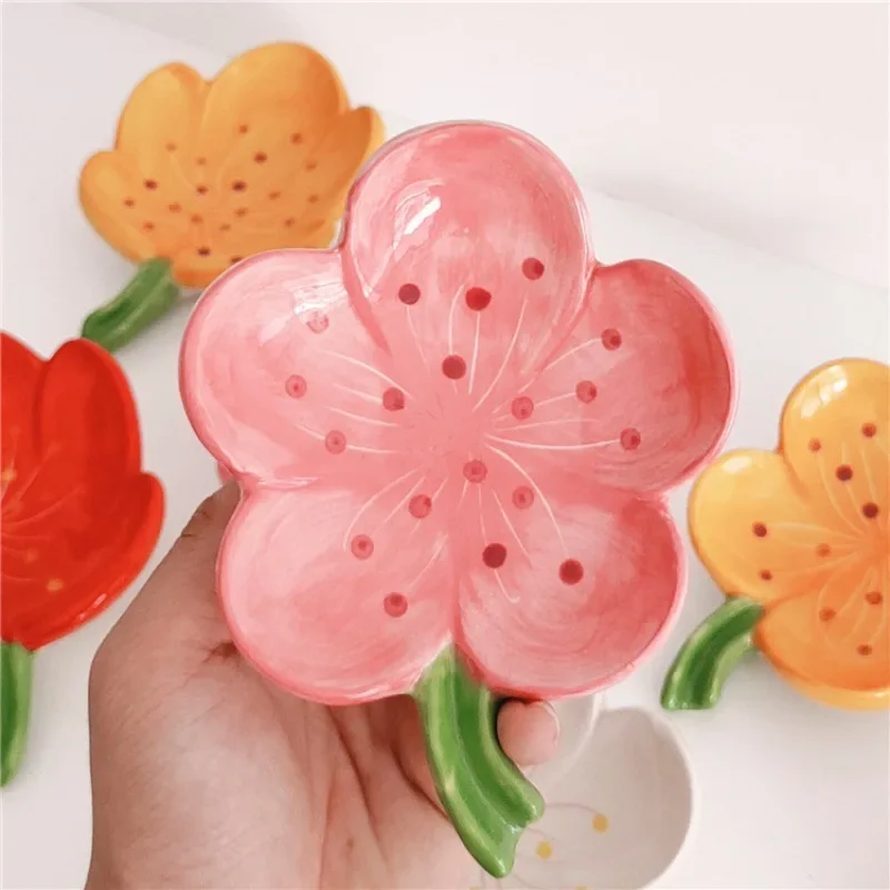 Flower Ceramic Soap Box Creative Hotel Bathroom High-end Draining Soap Dish Household Peach Blossom Soap Dish Tray