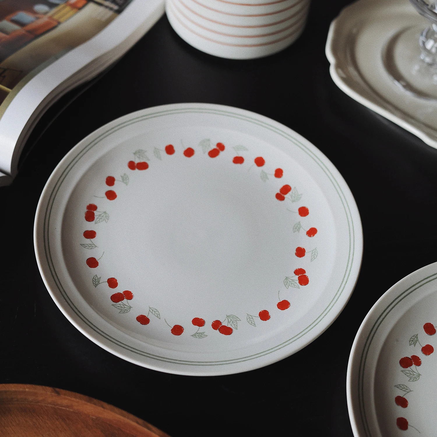 

Cute Cherry Print Ceramic Plate 7inches Household White Dinner Dishes Casual Home Kitchen Dessert Cake Salad Serving Tablewares