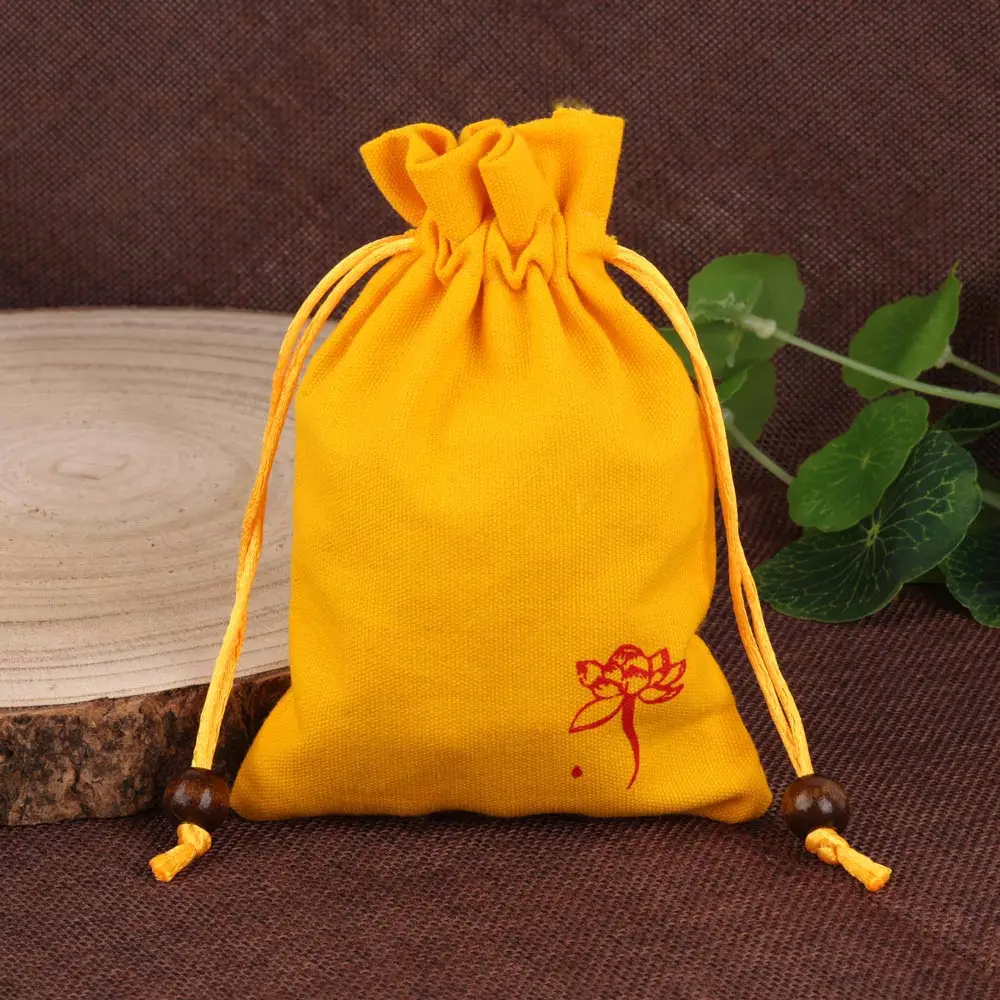 5pcs/10pcs 10x14cm Lucky Lotus Flower Printing Cotton Sachet  Antique Style Linen Gift Pouch Beaded Drawstring Storage Bag