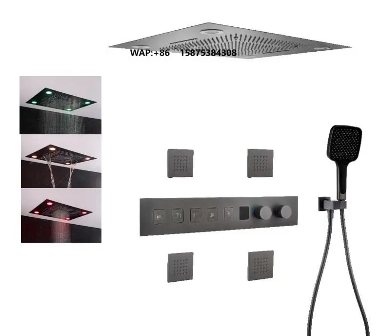Villa 600*800mm 5 Functions Ceiling Waterfall Rain Showerhead LED Multi Functions Thermostatic Shower System Set with Body Jets
