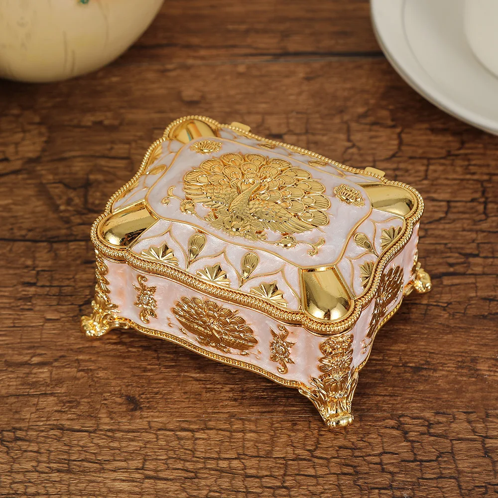 Vintage Metal Jewelry Box with Peacock Pattern Trinket Organizer Box Rectangular Keepsake Storage Box for Ring Earrings Necklace