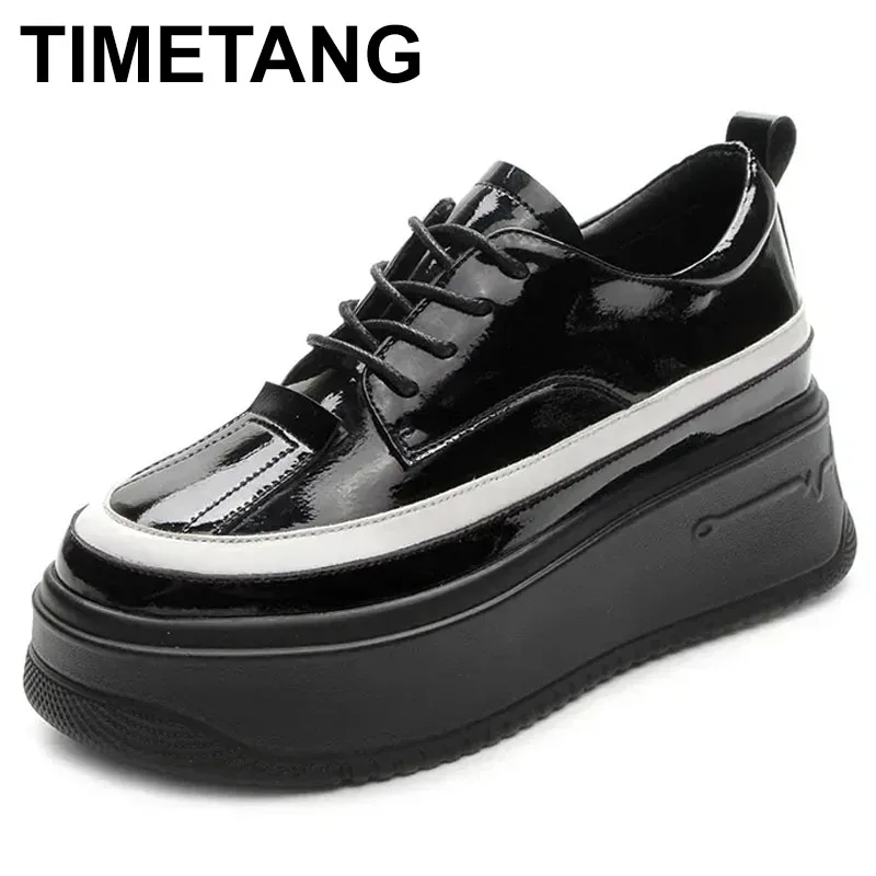 

2025 7.5cm Patent Leather Genuine Women Shoes Loafers Platform Sneakers Wedge Shoes Hidden Heel Breathable Spring Summer Shoes