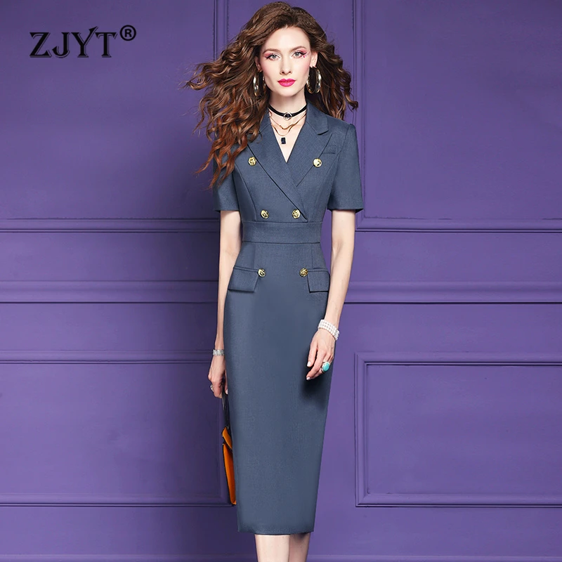 ZJYT Elegant Ladies Brief Business Office Blazer Dresses for Women 2024 New Notched Short Sleeve Midi Straight Dress Plus Size