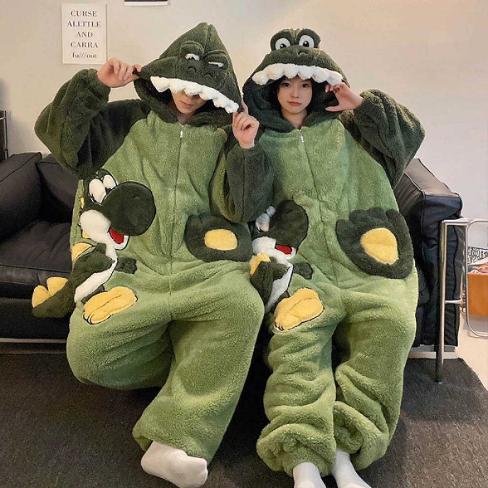 

Winter Thicken Coral Fleece Pajamas Set Couple Cute Cartoon Dinosaur Sleepwear For Sleeping Hooded Soft Comfort One Piece Pijama