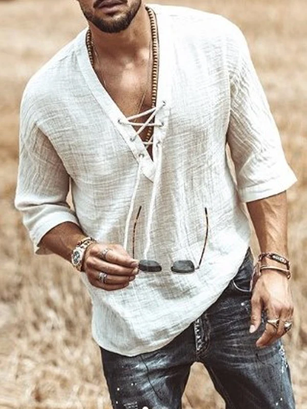 

Повседневная мужская рубашка в американском стиле, летняя, большого размера, с V-образным вырезом, завязками на груди, свободного кроя, дышащая, из хлопка