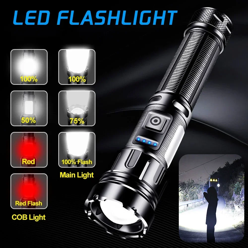 800 Meters Long Throw LED Flashlight COB Work Light USB Rechargeable Spotlights 1000000 Lumens White LED Tactical Flashlights