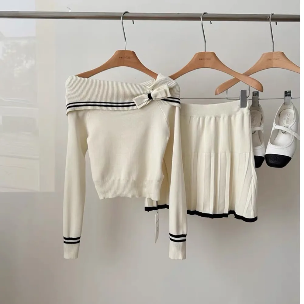 Korean Fashion Knitted Suit Woman Casual Long Sleeve Sweater Tops Slim Y2k Mini Skirt Elegant 2 Piece 2023 Autumn ropa de mujer