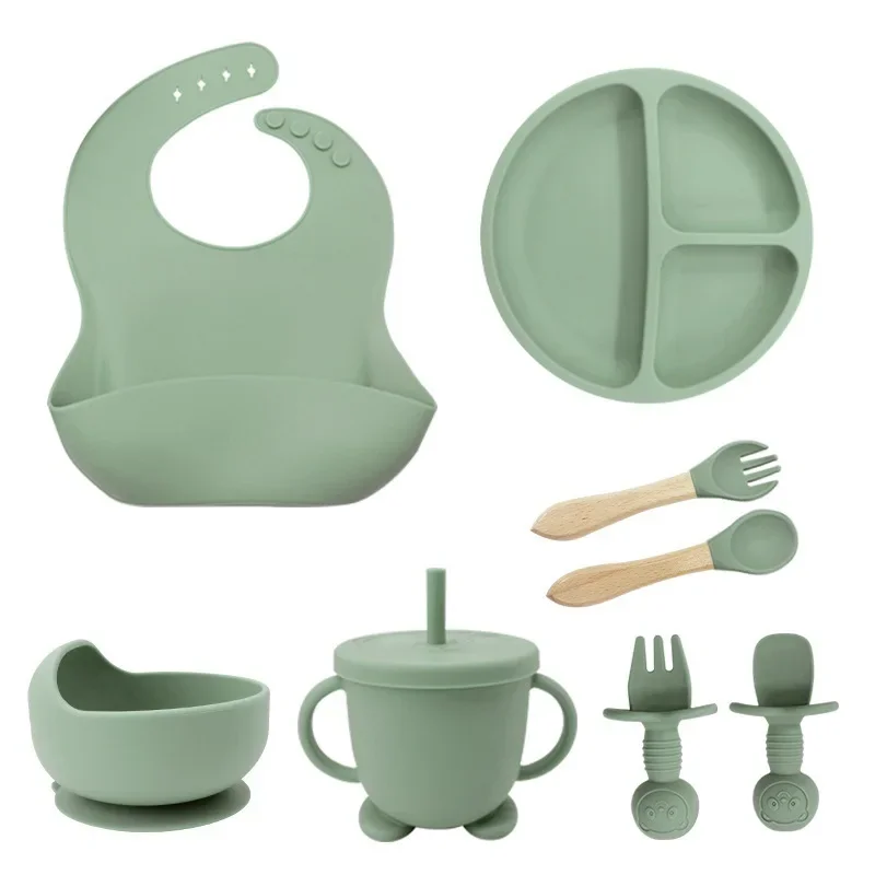 Silicone Baby Feeding Set Suction Plate Bowl Waterproof Bib Sippy Cup Silicone Spoon Fork Children's Tableware