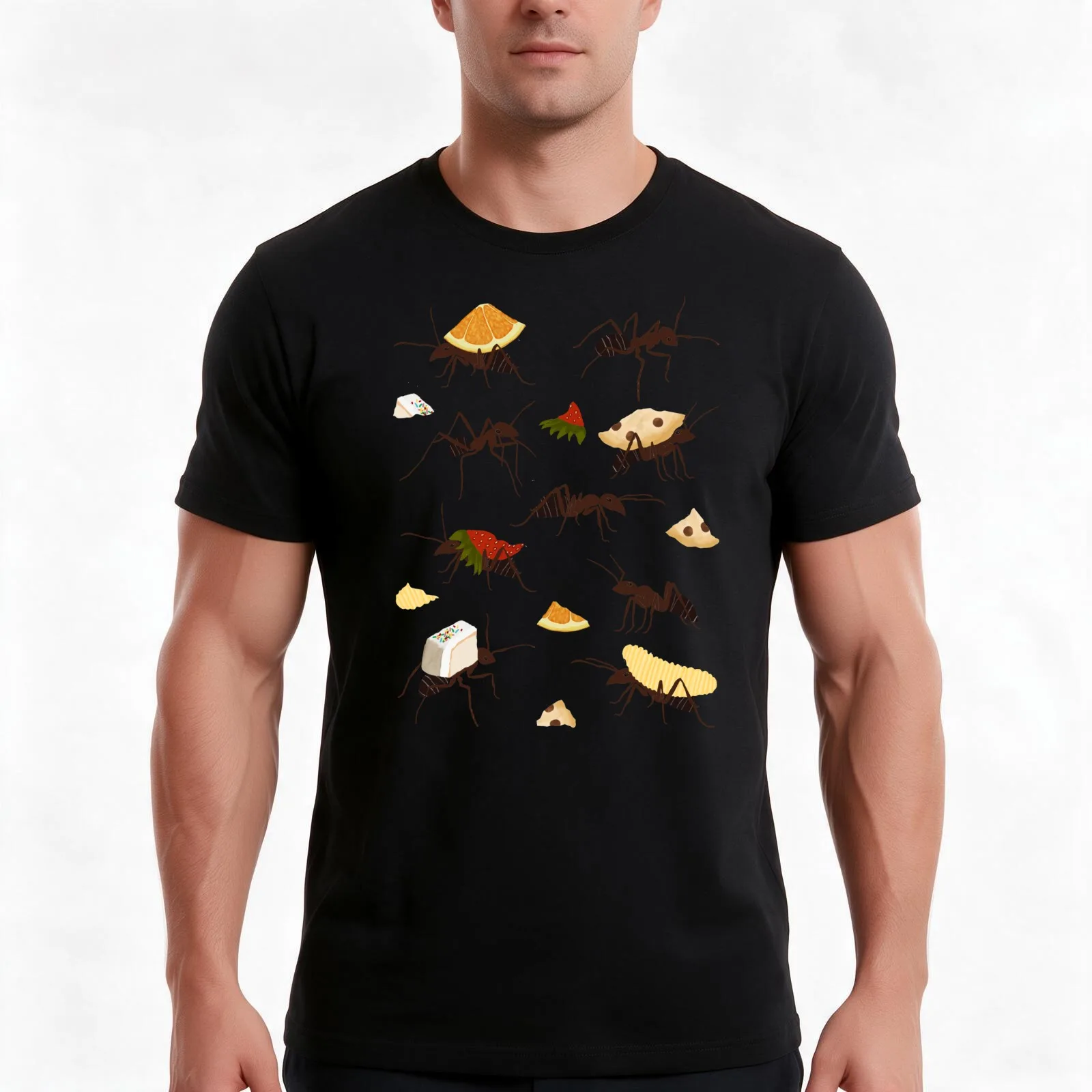 Ants Carrying Snacks T-Shirt, Summer Casual Cotton Tee, Oversized Streetwear Tops, Vintage Graphic Print, Loose Fit Short Sleeve