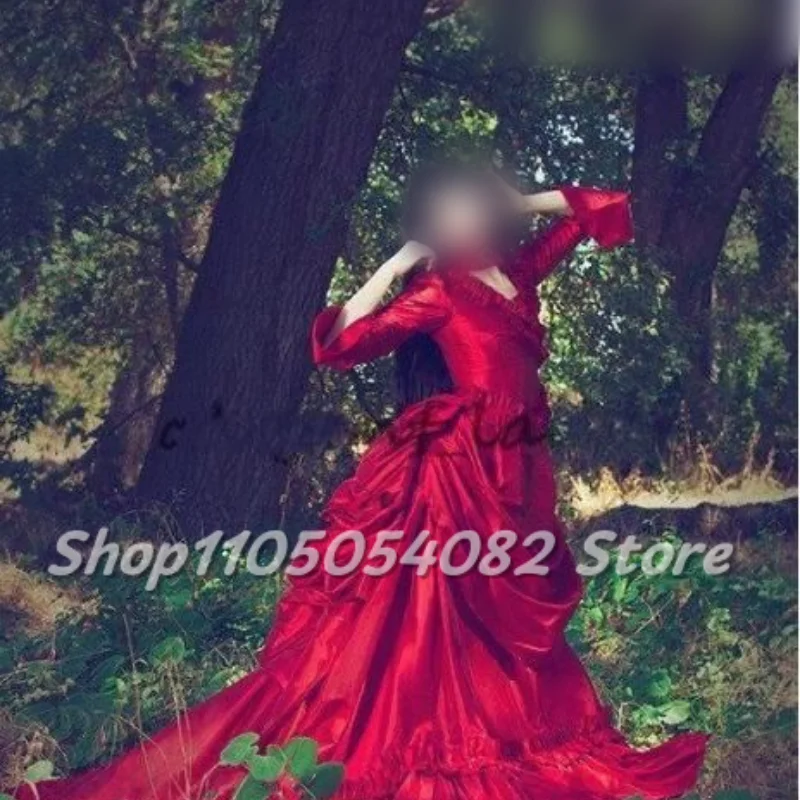 

Customized Victorian prom dresses Red Vintage V-neck Train Long sleeves Medieval Ruffles and pleats Floor-length Formal evening